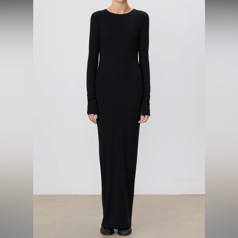 Eterne Ribbed Long-Sleeve Crewneck Maxi Dress Size S Black Minimal Chic Cotton